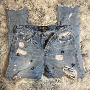 Lucky brand floral, embroidered distressed, sienna slim boyfriend jeans sz 0
